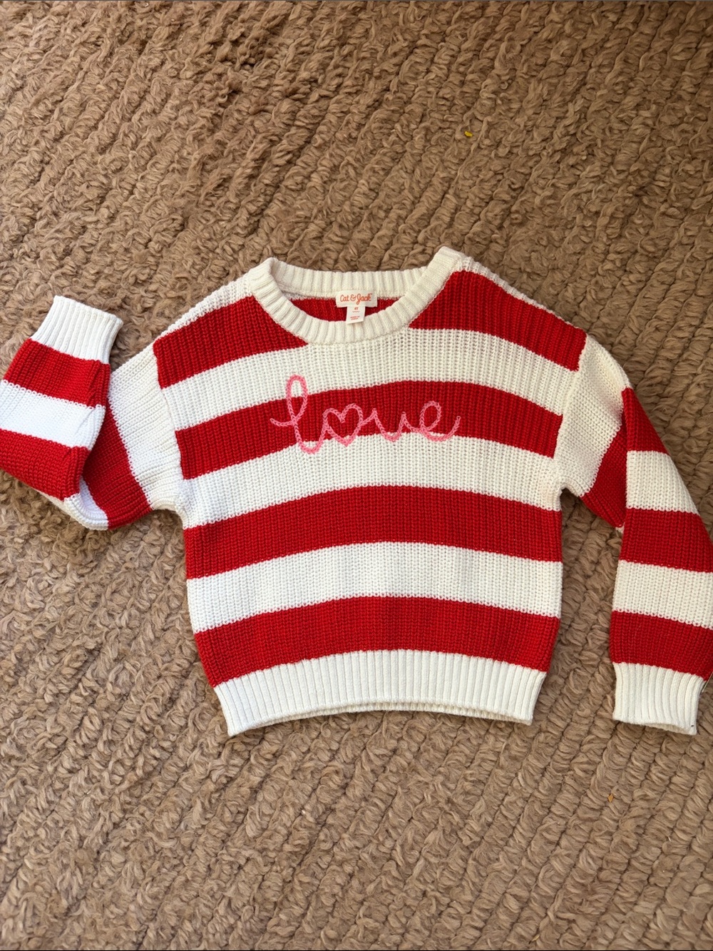 Cat & Jack Red and White Striped 'Love' Crewneck Sweater